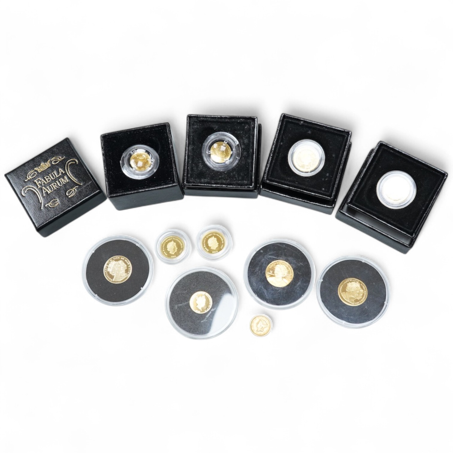 Gold coins, Elizabeth II;, Ascension Island, 1/5 sovereign, 2013, Tristan de Cunha, six gold half crowns (2009 x 4 and 2010 x 2), and a quarter sovereign, 2016, British virgin islands gold $3, 2013, Isle of Man gold 1/5